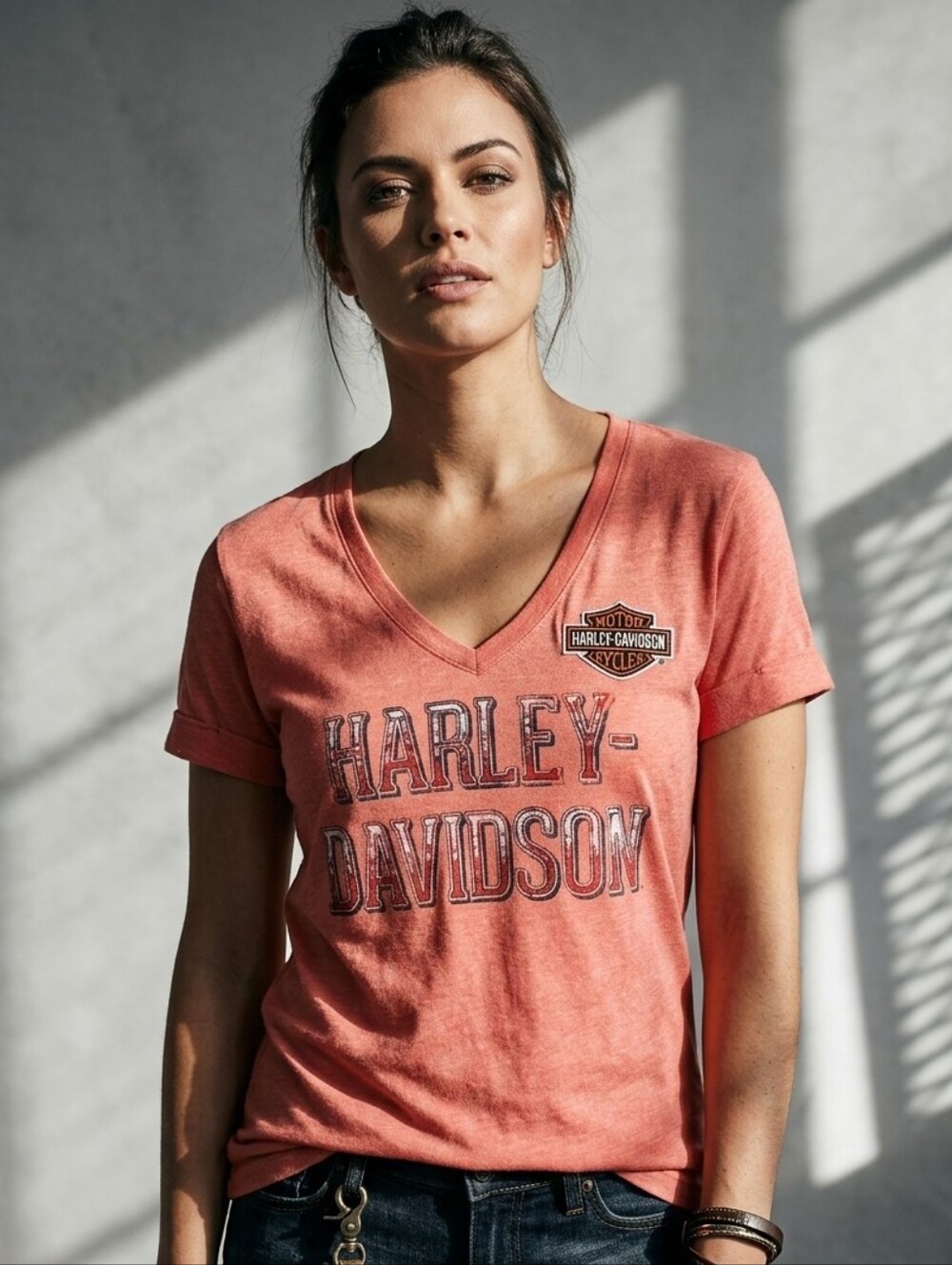 Harley Davidson Coral V-Neck Graphic Tee M Bikercore Y2K